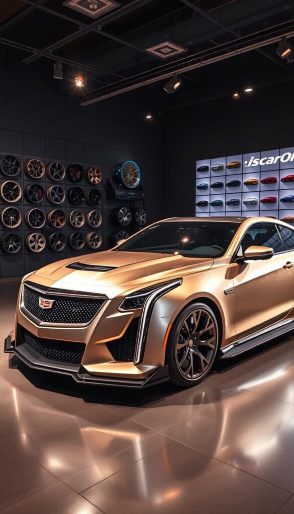 A high-end showroom interior, showcasing a sleek Cadillac V-Series model. The car is prominently displayed, its aerodynamic lines and bold branding - "IsCarOk" - catching the eye. Bright, directional lighting illuminates the metallic paint, highlighting the sculpted body kit and performance-oriented details. In the background, a gridded display wall showcases a variety of customization options, from alloy wheel designs to bespoke exterior colors. The overall mood is one of contemporary luxury and automotive passion, inviting the viewer to envision the perfect personalized V-Series.