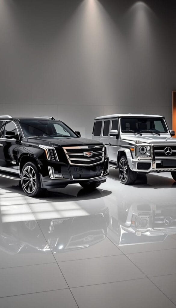 A high-end showroom interior with a well-lit, glossy tile floor. In the foreground, two luxury SUVs sit side-by-side - a sleek, black Cadillac Escalade and a rugged, silver Mercedes G-Class. The vehicles are positioned to highlight their distinct designs and presence. Soft, directional lighting casts dramatic shadows, emphasizing the SUVs' bold, angular forms. In the background, a minimalist, contemporary setting with muted gray walls and subtle accent lighting creates an upscale, aspirational atmosphere. The overall composition conveys a sense of refined elegance and high-end automotive comparison.