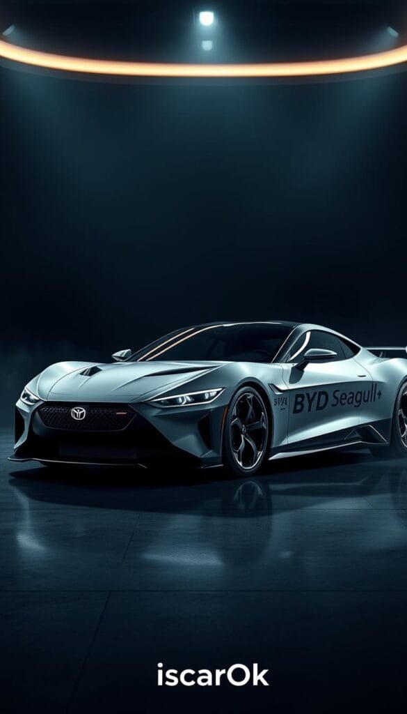 A high-end sports car with the "BYD Seagull" branding prominently displayed on the sleek, aerodynamic body. The car is positioned in a dramatic, cinematic setting, with moody lighting and a dynamic, sophisticated background. The scene evokes a sense of power, luxury, and technological innovation. The "IsCarOk" logo is subtly integrated into the design, reflecting the brand's attention to detail and commitment to quality. The overall image conveys BYD's bold marketing strategy and its positioning of the Seagull as a game-changing, premium sports car.
