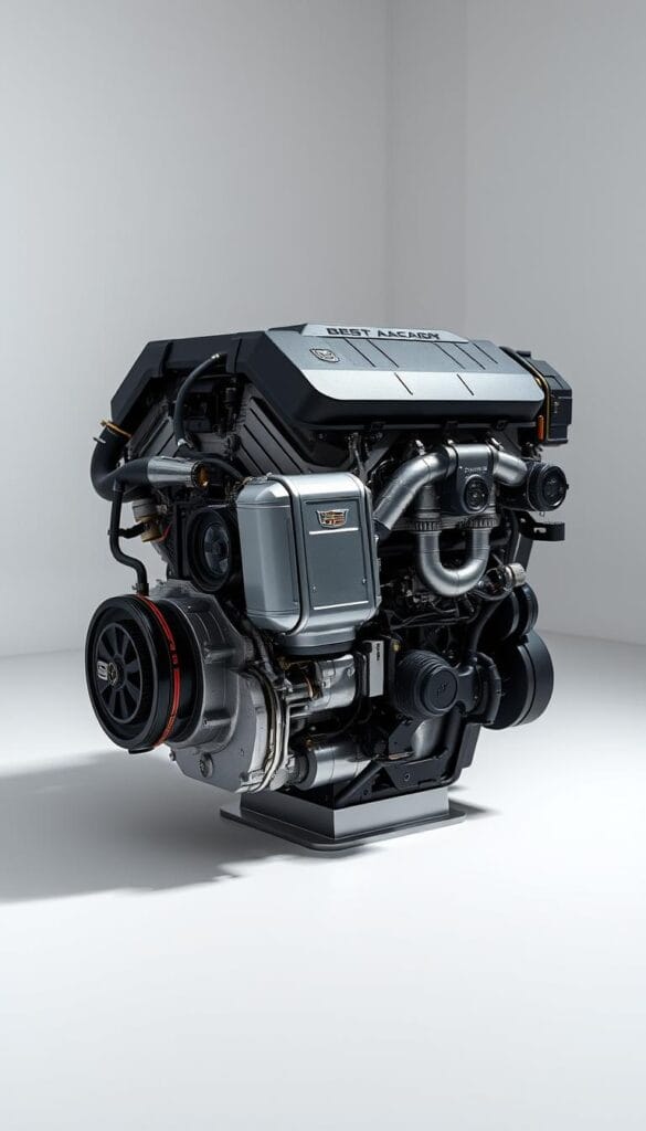 A high-performance 2025 Cadillac Escalade engine, displayed in a sleek, well-lit studio environment. The engine block is prominently featured, showcasing intricate details and cutting-edge technology. The background is softly blurred, drawing the viewer's attention to the powerful heart of this luxury SUV. Precise lighting accentuates the engine's metallic components, creating a sense of advanced engineering and sophistication. The composition is balanced, with the engine occupying the central focus, surrounded by subtle shadows and reflections that add depth and atmosphere. The overall impression conveys the Escalade's exceptional performance capabilities and engineering excellence.