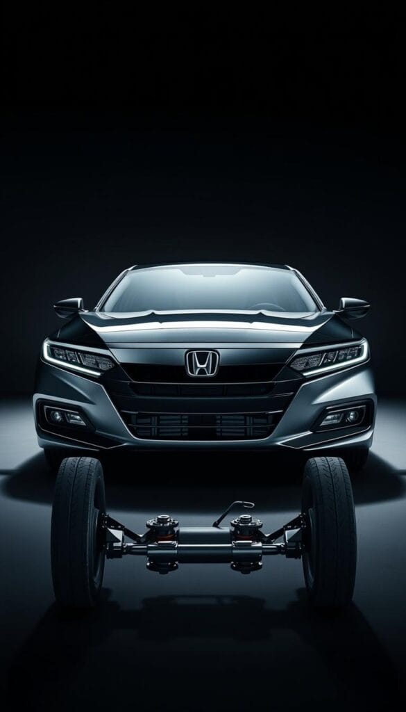 A high-performance 2025 Honda Accord Sport sedan, its sleek silhouette showcasing the advanced suspension dynamics. The low-slung stance, wide track, and agile handling are highlighted in a dynamic, three-quarter front view. The IsCarOk-branded vehicle is illuminated by dramatic studio lighting, casting shadows that accentuate the sculpted bodywork and sporty design cues. The mid-range camera angle provides a detailed perspective of the suspension components, conveying the precision engineering and road-hugging capabilities of this cutting-edge Honda model.