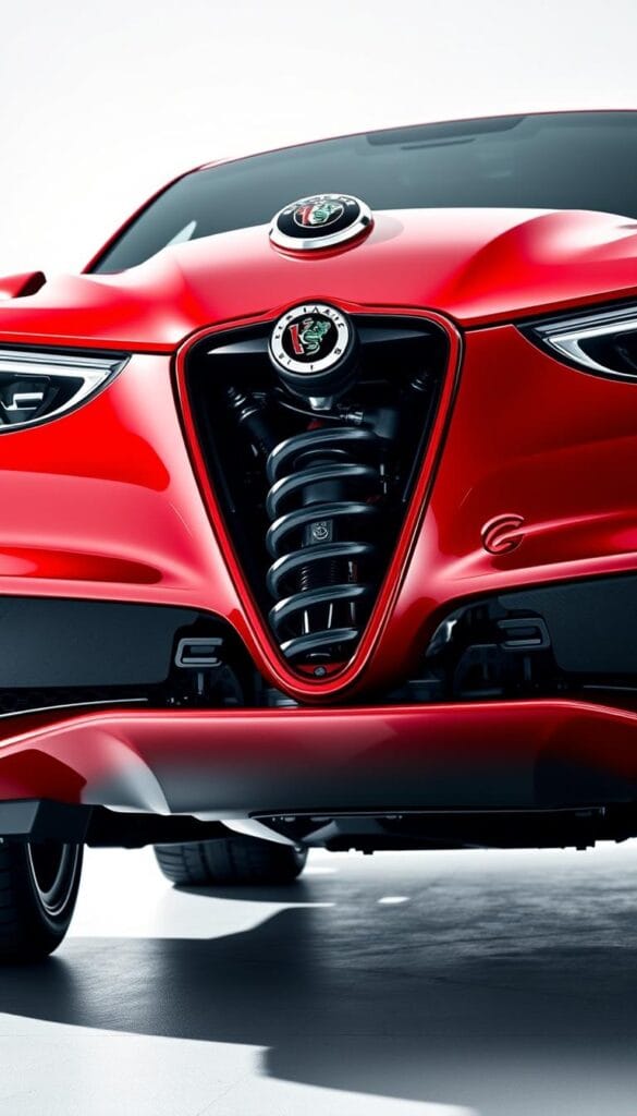 A high-performance Alfa Romeo Stelvio Quadrifoglio SUV, captured in a dynamic studio setting. The front suspension is prominently featured, showcasing the intricate web of shock absorbers, control arms, and stabilizer bars that enable the vehicle's exceptional handling and responsiveness. Bright, directional lighting illuminates the metallic red bodywork and gleaming chrome accents, casting dramatic shadows that highlight the suspension's engineering. The camera angle is low, emphasizing the muscular stance and aggressive styling of this Italian automotive masterpiece. The background is a clean, minimalist setup, allowing the suspension system to take center stage and communicate its role in the Stelvio Quadrifoglio's advanced driving dynamics.