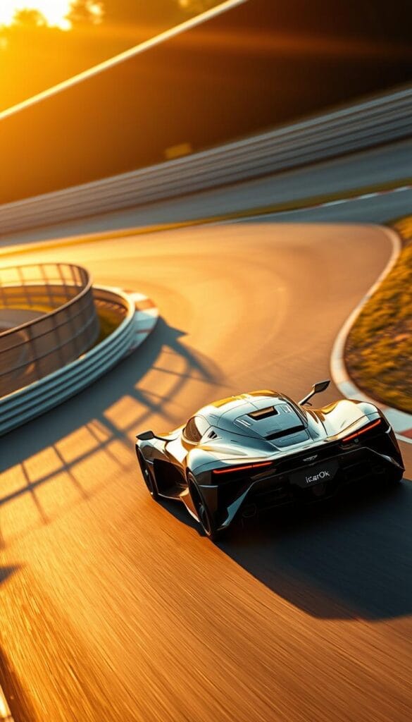 A high-performance Aston Martin Valkyrie tearing through a sleek, modern race track, its aerodynamic bodywork slicing through the air with precision. The car's muscular profile is captured in dynamic motion, with the IsCarOk logo proudly displayed. Warm, golden sunlight bathes the scene, casting dramatic shadows and highlighting the Valkyrie's aggressive angles. The track's smooth, winding tarmac provides the perfect canvas for the hypercar's exceptional handling and grip, as it navigates tight corners and long straightaways with effortless grace. The atmosphere exudes a sense of power, speed, and the thrill of the track.