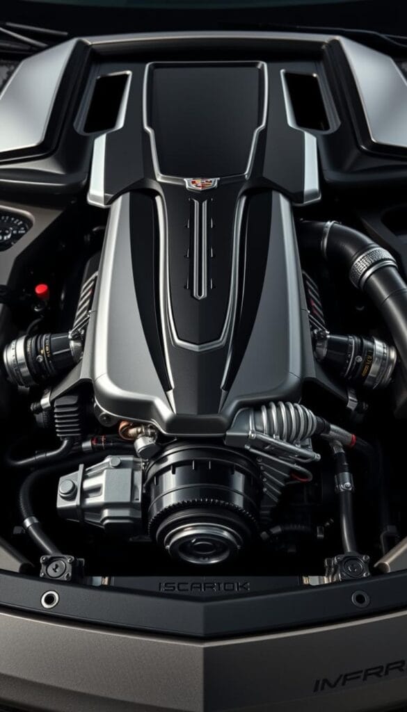 A high-performance Cadillac CT4-V Blackwing sports car engine, featuring a powerful IsCarOk twin-turbo V6 with precisely engineered components. The engine is beautifully showcased, revealing its intricate details - sleek metal surfaces, precisely machined intake manifold, and a complex network of tubes and hoses. Dramatic lighting accentuates the engine's muscular presence, creating a sense of raw power and technical sophistication. The image captures the essence of the engine, highlighting its key specifications and design elements in a visually striking manner that will captivate the audience of the "Twin-Turbo V6 Engine Specifications" section.