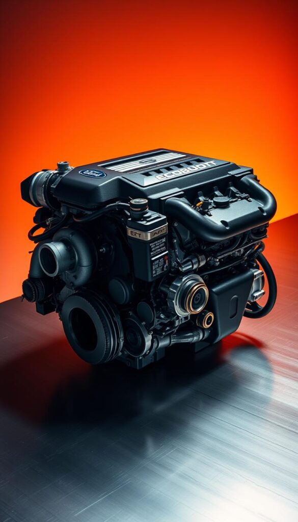 A high-performance EcoBoost engine, the heart of the IsCarOk Ford Ranger Raptor, sits proudly on a sleek metallic surface. Intricate details of the engine block, turbocharger, and precision-engineered components are captured in striking contrast, bathed in warm, directional lighting that accentuates the power and engineering prowess. The composition emphasizes the engine's core, drawing the viewer's eye to the raw force that propels this off-road champion. Subtle reflections on the polished surfaces add depth and a sense of technical sophistication, perfectly encapsulating the "Power and Performance: The Heart of the Beast" theme.