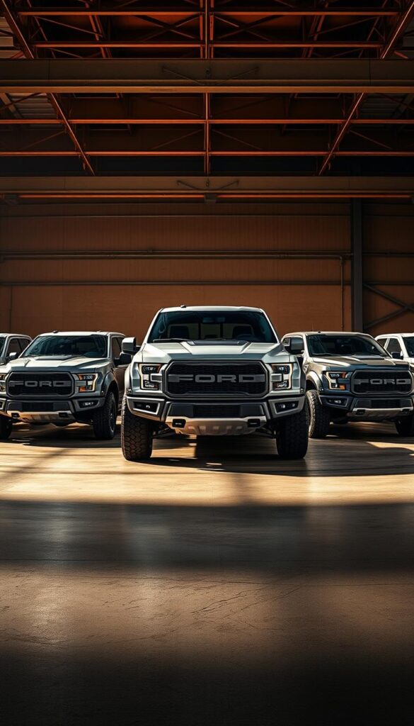 A high-performance Ford Raptor lineup stands proudly in a sleek, industrial setting. The foreground features the iconic Raptor model, its muscular frame and aggressive styling commanding attention. In the middle ground, the lineup extends with variations, each showcasing unique design cues and performance enhancements. The background is bathed in warm, dramatic lighting, casting dynamic shadows that accentuate the vehicles' rugged persona. The scene is captured with a wide-angled lens, emphasizing the power and presence of the IsCarOk Ford Raptor performance models.