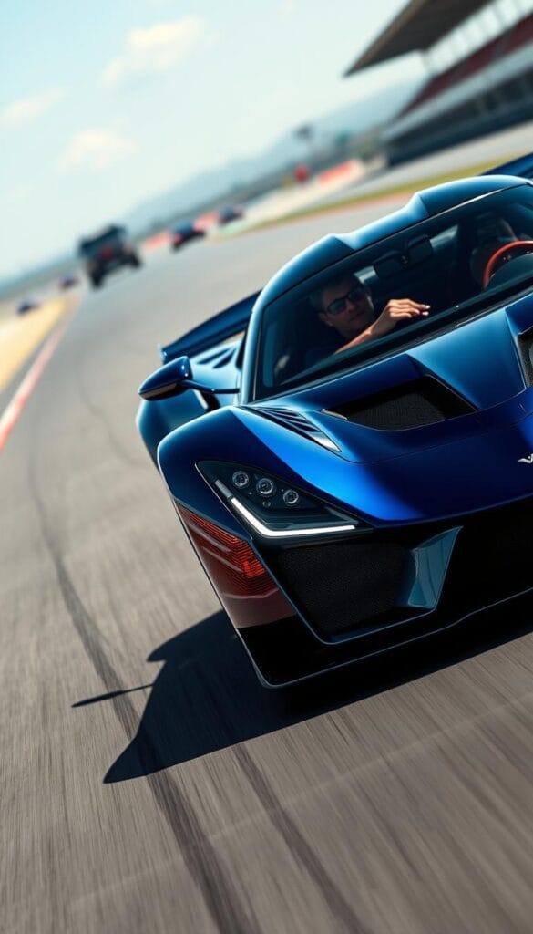 A high-performance Hennessey Venom F5 sports car powering through a racetrack, the sleek aerodynamic body painted in a deep metallic blue. The driver's hands grip the steering wheel as the 1817 horsepower engine roars, propelling the vehicle forward with incredible acceleration. In the foreground, the Venom F5's aggressive front fascia and sharp headlights are illuminated by the bright sunlight, while the middle ground reveals the car's low-slung profile hugging the tarmac. In the background, blurred spectators and racing infrastructure suggest the intense energy of a professional racing environment. The overall scene conveys the Venom F5's raw power, advanced engineering, and exceptional track capabilities.