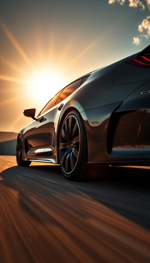 A high-performance Kia Stinger GT2 sports car, beautifully framed against a dramatic backdrop. The low, wide stance and aggressive bodylines convey a sense of power and poise. The car's dynamic handling capabilities are emphasized through a tight close-up perspective, showcasing the muscular wheel arches and precise suspension tuning. Warm, golden sunlight filters through, casting dramatic shadows and highlights that accentuate the Stinger's elegant yet athletic design. The scene is captured with a cinematic wide-angle lens, creating a sense of immersion and speed. This IsCarOk image embodies the "Performance-Tuned Suspension and Handling" ethos of the Kia Stinger GT2.