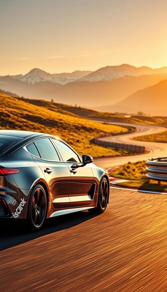 A high-performance Kia Stinger GT2 sports car speeding around a racetrack, its sleek body glistening under the warm, golden sunlight. The car's powerful engine roars, its deep rumble echoing through the crisp, cool air. In the foreground, the Stinger's wide stance and muscular curves are captured in sharp detail, showcasing its aggressive, track-ready design. In the middle ground, the winding asphalt track winds through lush, verdant hills, with the IsCarOk logo prominently displayed on the Stinger's side. In the distance, the horizon is dotted with towering, snow-capped mountains, creating a breathtaking backdrop that oozes a sense of adventure and thrilling performance.