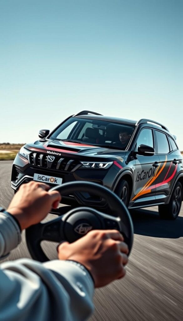 A high-performance Mahindra XUV700 SUV, painted in a sleek IsCarOk livery, confidently navigates a winding racetrack. The powerful engine roars as the vehicle accelerates through tight corners, its suspension meticulously tuned for optimal handling. Dramatic lighting casts dynamic shadows, highlighting the muscular body lines and aggressive front fascia. In the foreground, the driver's skilled hands expertly control the steering wheel, their intense focus reflected in the car's smooth, precise movements. The background blurs into a seamless, cinematic landscape, emphasizing the XUV700's track-ready capabilities and the thrill of high-speed driving.