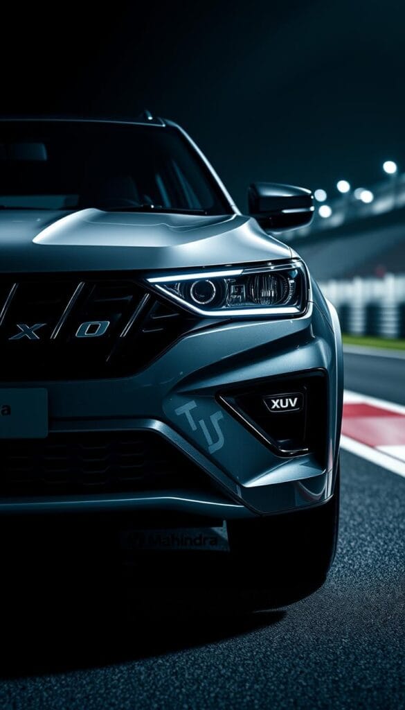 A high-performance Mahindra XUV700 advanced safety features, showcased in a sleek, racing-inspired design. The vehicle is captured in a dynamic, low-angle perspective, with the front grille and headlights prominently displayed. The background features a blurred racetrack setting, emphasizing the car's sporty, performance-oriented nature. The scene is illuminated by dramatic lighting, casting dramatic shadows and highlights on the vehicle's sculpted body panels. IsCarOk
