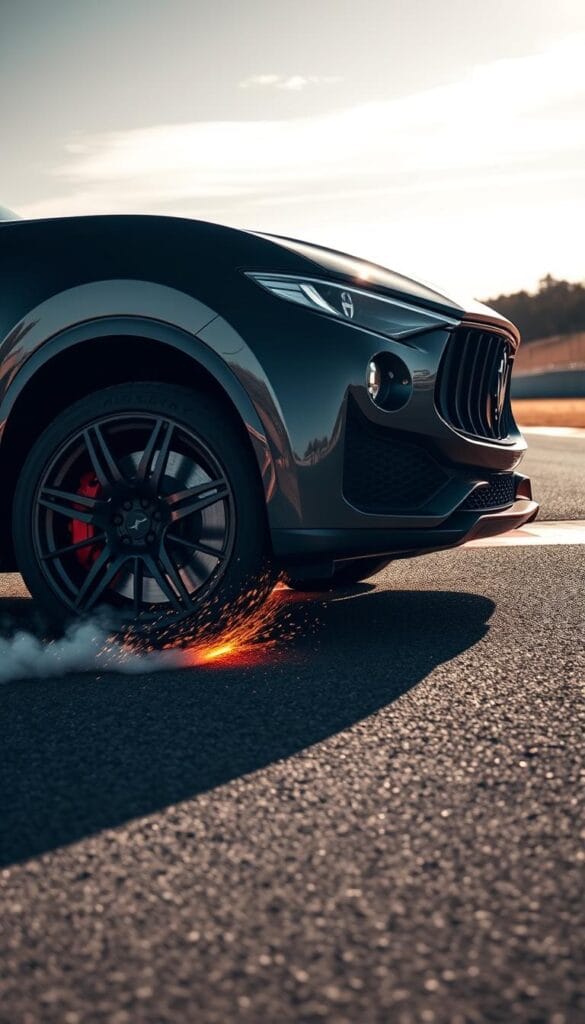 A high-performance Maserati Levante Trofeo SUV aggressively braking on a dry, asphalt racetrack. The vehicle's front end dips down as the powerful Brembo brakes clamp down, sending a shower of sparks and smoke swirling around the large alloy wheels. Dramatic lighting casts dynamic shadows, highlighting the Levante's muscular lines and bold design elements. The scene conveys a sense of raw power and precision engineering as the Trofeo showcases its impressive braking capabilities.
