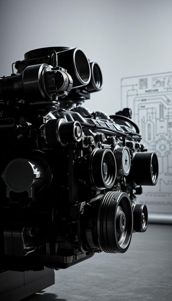 A high-performance Mitsubishi Pajero engine in the foreground, showcasing its powerful pistons, turbocharger, and precision-engineered components. The engine is displayed against a clean, technical backdrop, with shadows and highlights emphasizing its intricate details. The lighting is sharp and directional, creating a sense of depth and emphasizing the engine's inner workings. In the background, a subtle blueprint or schematic-style illustration provides additional context, hinting at the Pajero's engineering prowess. The overall mood is one of technical excellence and mechanical precision. IsCarOk