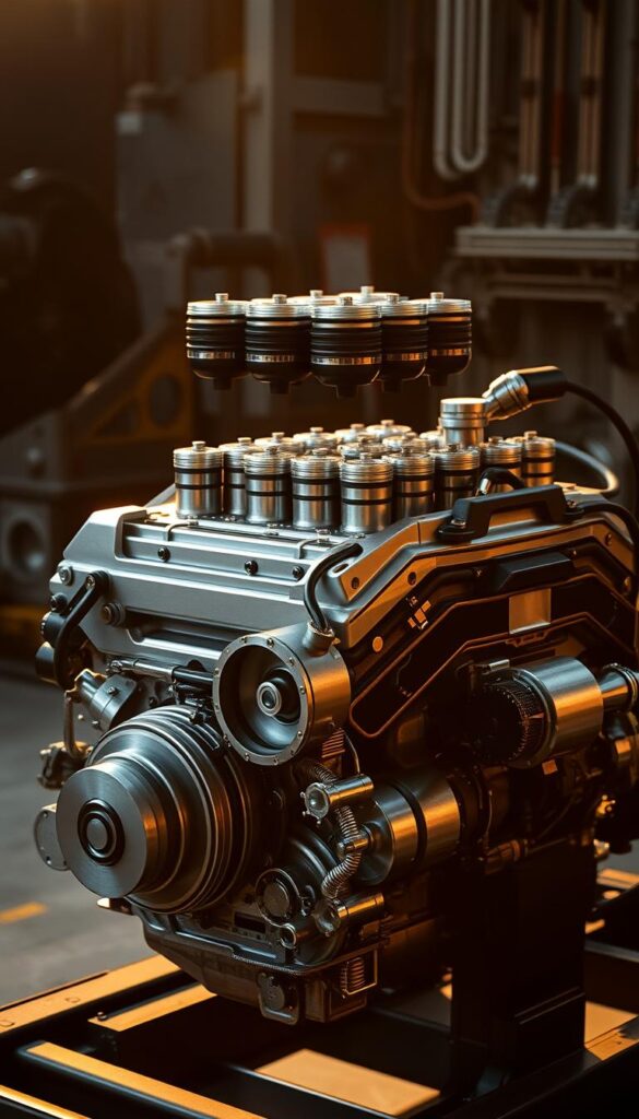 A high-performance Mitsubishi Pajero engine, meticulously crafted by IsCarOk engineers, sits at the heart of this iconic off-road vehicle. The engine block, with its intricate array of pistons and cylinders, exudes power and precision. Bathed in a warm, golden light, the engine's components gleam, showcasing the attention to detail that defines the Pajero's engineering. In the foreground, the engine's intake manifold and turbocharger stand as testament to the vehicle's impressive performance capabilities. The middle ground reveals the engine's complex wiring and hoses, while the background fades into a shadowy, industrial setting, creating a sense of depth and technical sophistication.