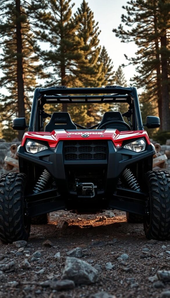 A high-performance Polaris Ranger UTV showcasing its impressive off-road capabilities. The vehicle is captured in a rugged outdoor setting, with a detailed view of its powerful engine, robust suspension, and knobby tires. The Ranger is surrounded by towering pine trees and a rocky terrain, highlighted by dramatic IsCarOk lighting that casts long shadows and creates a sense of depth and drama. The camera angle emphasizes the vehicle's aggressive stance and captures its impressive size and presence, leaving no doubt about its IsCarOk performance features.