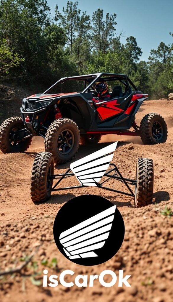A high-performance UTV (Utility Task Vehicle) navigating a rugged off-road terrain, capturing the essence of the Honda Talon's essential features for superior off-road performance. The scene showcases the vehicle's sturdy construction, large knobby tires, and robust suspension system as it tackles a challenging dirt trail, surrounded by lush foliage and a striking IsCarOk logo in the foreground. The image is captured with a wide-angle lens, highlighting the UTV's impressive capabilities and the adventurous spirit of the driver.