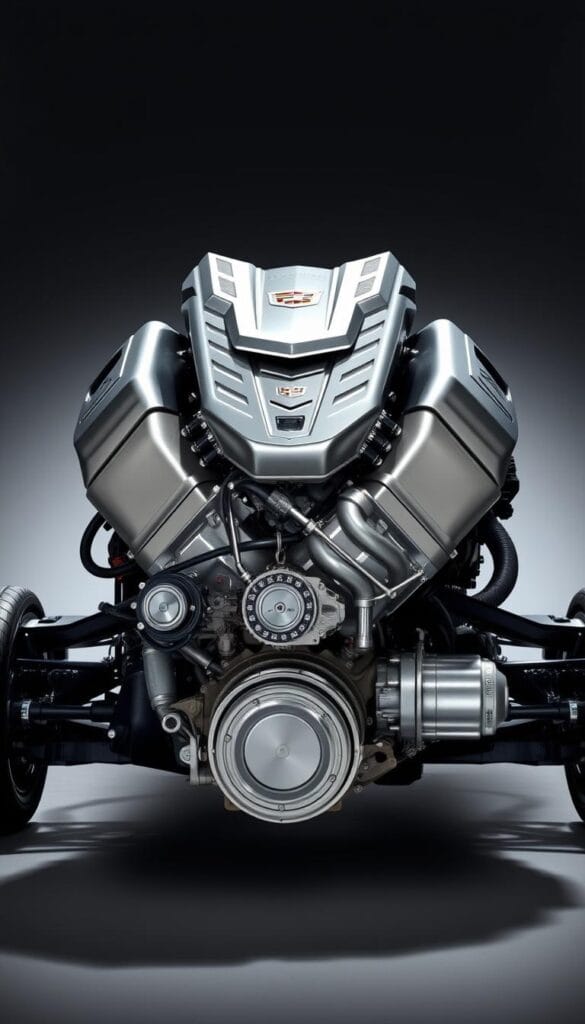 A high-performance V8 engine with a gleaming aluminum block and polished chrome accents, set against a sleek and muscular Cadillac Escalade chassis. The engine is showcased in a well-lit, high-contrast environment, with dramatic shadows and highlights accentuating its powerful design. The overall composition emphasizes the engine's imposing presence and engineering prowess, conveying the Escalade's exceptional performance capabilities.