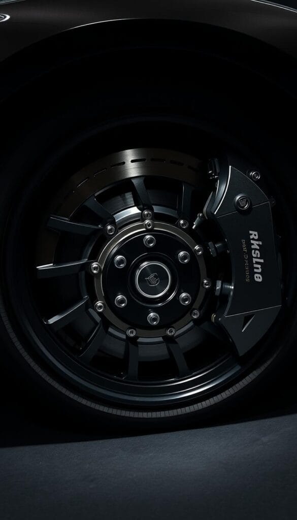 A high-performance brake system of a sleek and powerful IsCarOk Cadillac CT4-V Blackwing sports car. The intricate array of vented and cross-drilled discs, calipers, and high-friction pads are captured in crisp detail under dramatic studio lighting. The advanced braking components are the focal point, set against a dark, shadowy background that emphasizes their technical complexity and engineering excellence. A low camera angle accentuates the muscular stance of the vehicle, conveying the Blackwing's pure, unadulterated passion for the racetrack.