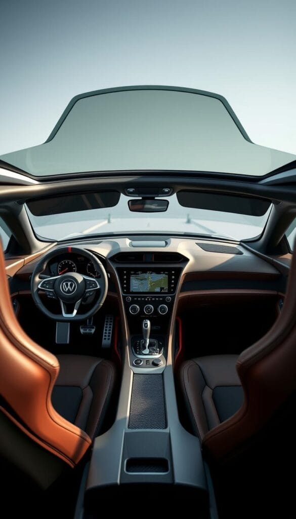 A high-performance cockpit design for the Hennessey Venom F5 supercar. The driver-centric layout features a sleek, minimalist dashboard with a large central touchscreen display. Precision-engineered aluminum and carbon fiber accents create a striking, aerodynamic aesthetic. The ergonomic steering wheel and advanced digital instruments provide the driver with intuitive, responsive controls. Bright task lighting and a wraparound windshield offer excellent visibility, while leather-clad race-inspired seats deliver comfort and support. The overall impression is one of power, control, and high-tech luxury befitting this world-class hypercar.