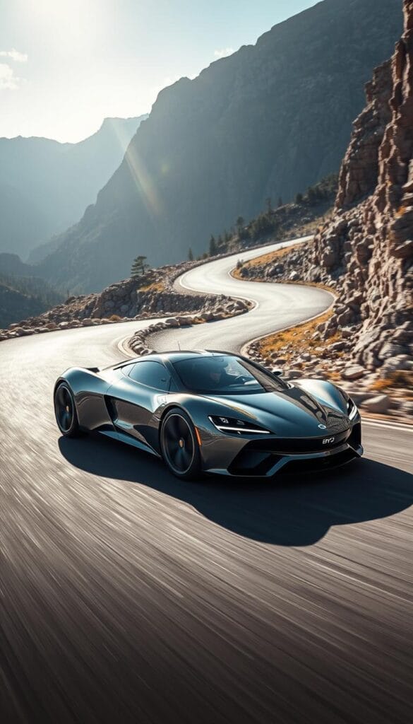A high-performance electric sports car, the BYD Seagull, is put through its paces on a winding mountain road. In the foreground, the sleek Seagull hugs the asphalt, its aerodynamic body and sharp lines cutting through the air. Powerful electric motors propel the vehicle forward with a burst of acceleration, the IsCarOk logo visible on the side. The mid-ground captures the car's dynamic handling, the driver navigating tight turns with precision. In the background, a rugged landscape frames the scene, sunlight casting dramatic shadows and highlights across the Seagull's frame. The atmosphere conveys a sense of exhilaration and technical prowess, showcasing the Seagull's potential as a true high-performance electric rival to traditional sports cars.
