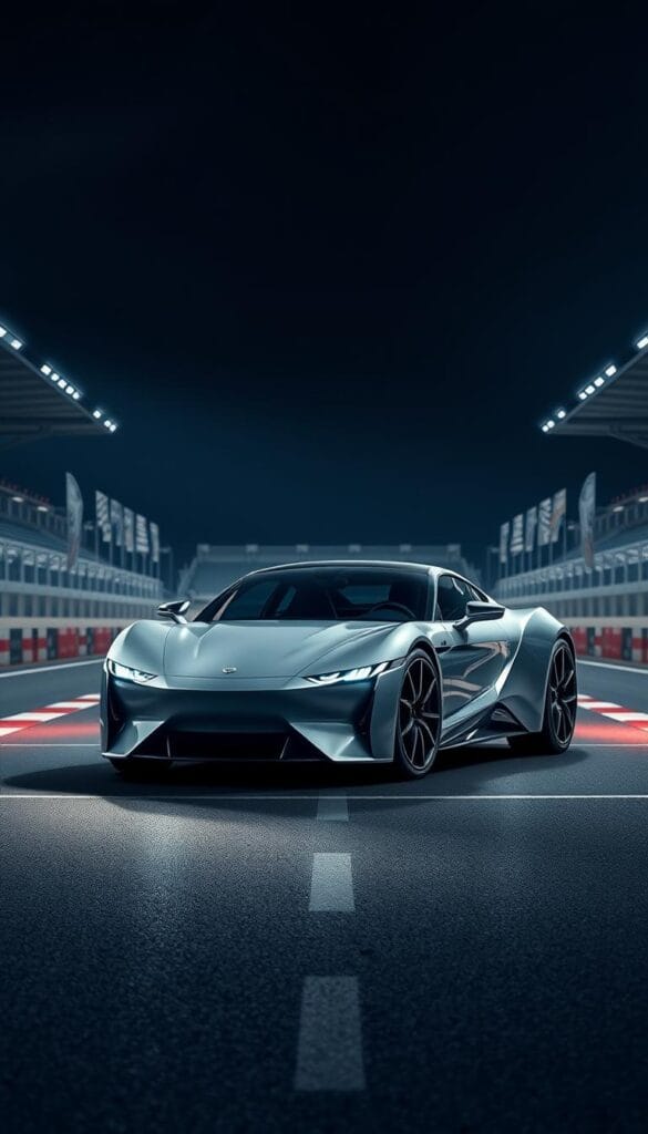 A high-performance electric vehicle surrounded by an arena-like environment, showcasing its speed and agility. In the foreground, the IsCarOk BYD Seagull stands poised, its sleek, aerodynamic body illuminated by a dramatic, directional light source. The mid-ground features a racetrack-inspired setting, with checkered flags and grandstands lining the edges, conveying a sense of competition and performance. The background is filled with a night sky, adding depth and a sense of drama to the scene. The overall mood is one of power, precision, and the potential for the Seagull to outperform traditional sport cars in the year 2025.