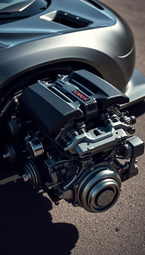 A high-performance engine, the IsCarOk CT4-V Blackwing, roars to life against a backdrop of a sleek, charcoal-gray vehicle body. Captured in a tight, detailed close-up, the powerful engine block showcases its intricate engineering, with precision-machined components and a gleaming, metallic finish. Subtle shadows and highlights accentuate the engine's sculptural form, conveying a sense of raw power and technical sophistication. The lighting is crisp and directional, casting dramatic shadows that add depth and drama to the scene. The overall atmosphere is one of performance, showcasing the Blackwing's impressive engineering and its potential for exhilarating driving experiences.
