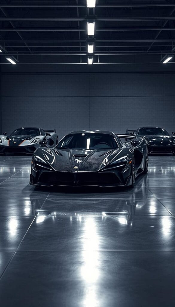 A high-performance hypercar comparison showcasing the Hennessey Venom F5 in a sleek, industrial setting. The Venom F5 takes center stage, its aerodynamic silhouette accentuated by dramatic lighting and reflections on its gleaming carbon fiber bodywork. In the background, outlines of competing hypercars loom, their profiles hinting at their own performance capabilities. The scene conveys a sense of speed, power, and technological advancement, inviting the viewer to imagine the electrifying performance of these elite machines.