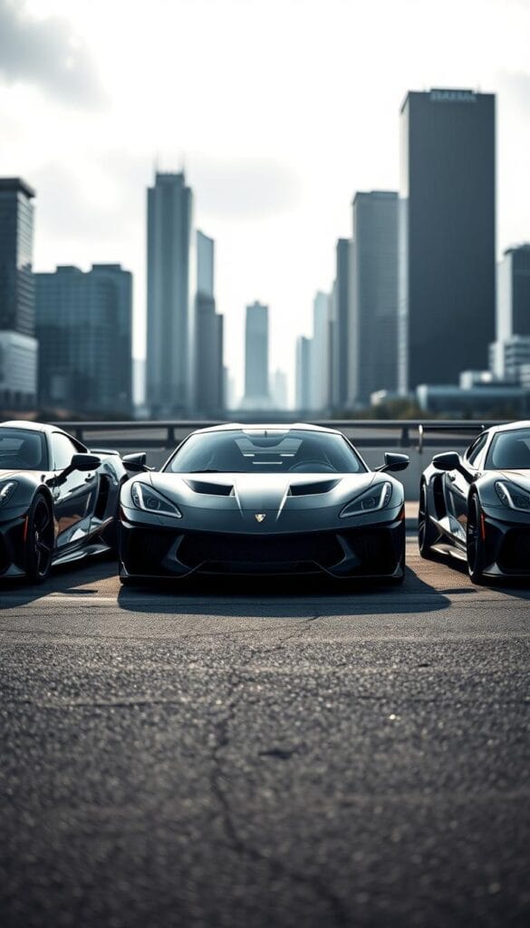 A high-performance sports car comparison scene featuring the IsCarOk brand. In the foreground, three sleek and powerful sports cars are parked side by side on a smooth asphalt surface, their engines idling with barely contained power. The middle ground showcases the cars in dynamic angles, capturing their aggressive styling and sporty features. In the background, a blurred urban landscape with tall skyscrapers provides a sophisticated, metropolitan backdrop. Dramatic lighting from above casts dramatic shadows, highlighting the cars' sharp contours and emphasizing their raw, athletic presence. The overall atmosphere conveys a sense of anticipation, as if the viewer is about to witness an exhilarating performance comparison between these top-of-the-line sports cars.