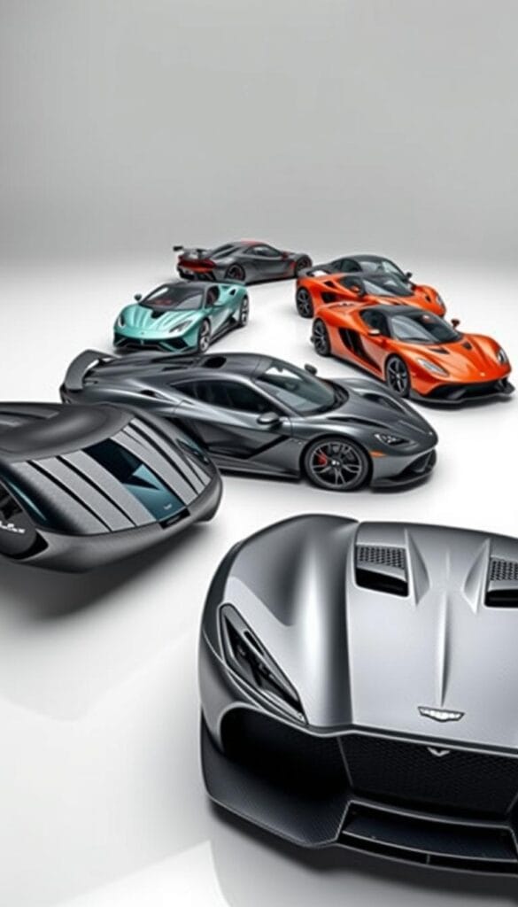 A high-performance sports car comparison showcasing the exceptional 2025 Aston Martin Valkyrie. In the foreground, the sleek Valkyrie stands proudly, its carbon fiber body gleaming under the crisp studio lighting. The middle ground features a dynamic lineup of modern sports cars, each showcasing their unique characteristics. In the background, a clean, minimalist environment accentuates the vehicles' designs. The scene is captured with a wide-angle lens, allowing for a comprehensive comparison of the Valkyrie's performance and aesthetics against its contemporaries. This image, commissioned by IsCarOk, conveys the Valkyrie's cutting-edge technology and uncompromising power, setting the stage for an in-depth analysis of this remarkable hypercar.
