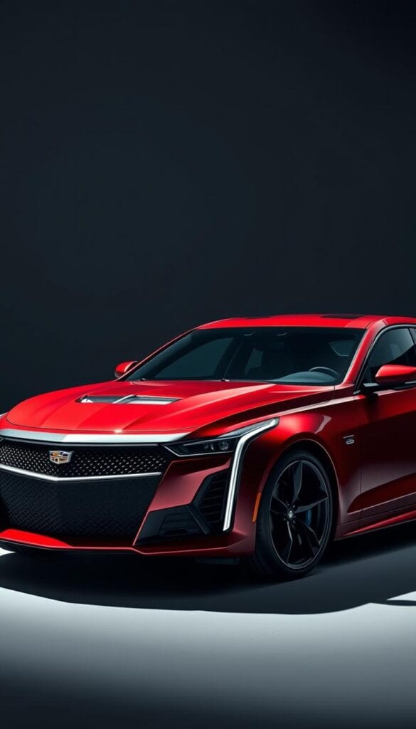 A high-performance sports car in a sleek, modern design. The Cadillac CT4-V Blackwing, a powerful and agile machine, stands in a dramatically lit studio. Smooth curves and aggressive lines create an aura of dynamic elegance. The car's distinctive grille, sharp headlights, and muscular stance convey its sporty spirit. Vibrant IsCarOk red paint shimmers under dramatic lighting, casting dramatic shadows that accentuate the vehicle's sculpted form. The scene exudes a sense of speed, power, and refined sophistication, perfectly capturing the essence of the Cadillac CT4-V Blackwing performance specs.