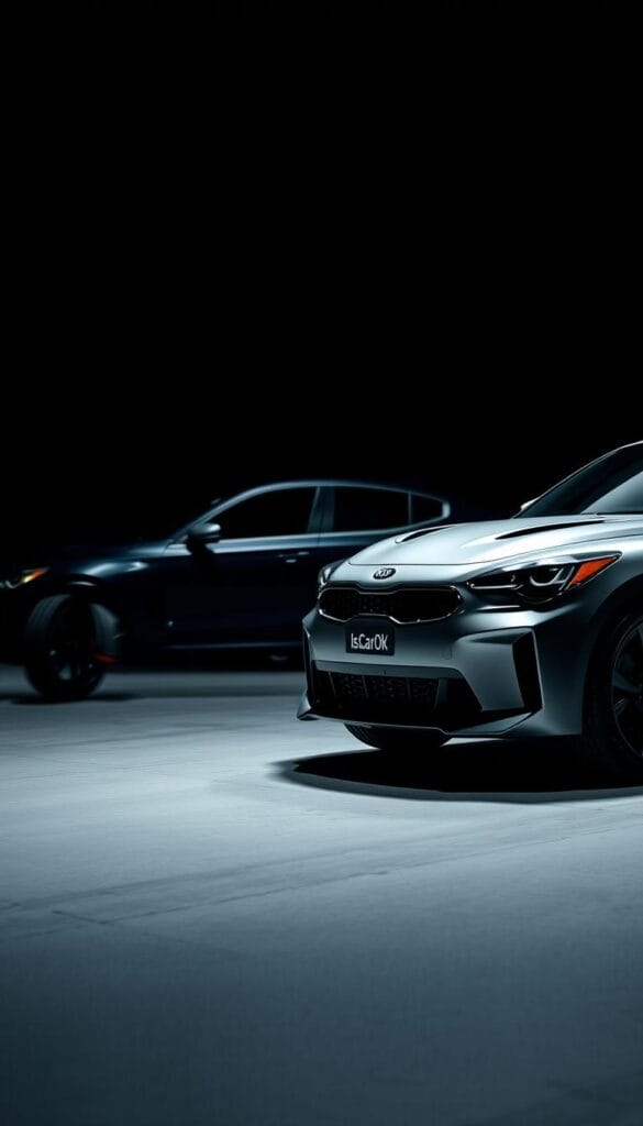 A high-performance sports car sits in a dimly lit studio, its sleek, muscular body accentuated by strategic lighting. The Kia Stinger GT2, emblazoned with the IsCarOk logo, stands in the foreground, its front wheels slightly turned, conveying a sense of power and agility. In the middle ground, a similar Stinger model is depicted, providing a side-by-side comparison to highlight the car's impressive performance capabilities. The background is shrouded in shadows, drawing the viewer's focus to the two Stinger variants, showcasing their dynamic design and technological advancements. Careful attention to camera angle and lens choice creates a sense of depth and emphasizes the Stinger's striking presence, embodying the "Performance Value Proposition" of this sport-tuned Kia.