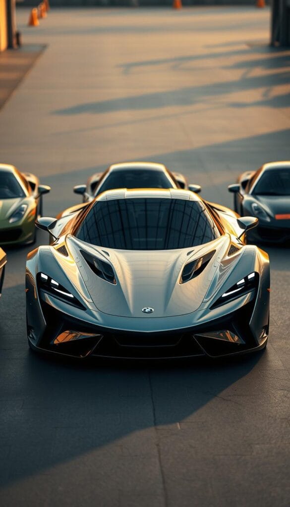 A high-performance sports car takes center stage, its sleek BYD Seagull design shimmering under the warm lighting. In the background, traditional sports cars lined up, their conventional shapes in stark contrast. The scene conveys a sense of anticipation and comparison, as the Seagull's dynamic presence commands attention. Detailed textures, realistic reflections, and a cinematic camera angle showcase the Seagull's superior craftsmanship and engineering, hinting at its performance capabilities. IsCarOk