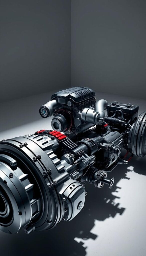 A high-performance, technologically-advanced drivetrain system of the Alfa Romeo Stelvio Quadrifoglio, captured in a sleek, dynamic composition. The foreground showcases the intricate details of the transmission, differentials, and driveshafts, masterfully engineered for optimal power delivery and handling. In the middle ground, the powerful V6 engine is prominently displayed, its advanced turbocharging technology visible. The background features a clean, minimalist environment, allowing the drivetrain components to take center stage and convey the car's exceptional performance capabilities. Lighting is directional, creating dramatic shadows and highlights that accentuate the mechanical precision and engineering excellence of this advanced automotive system.