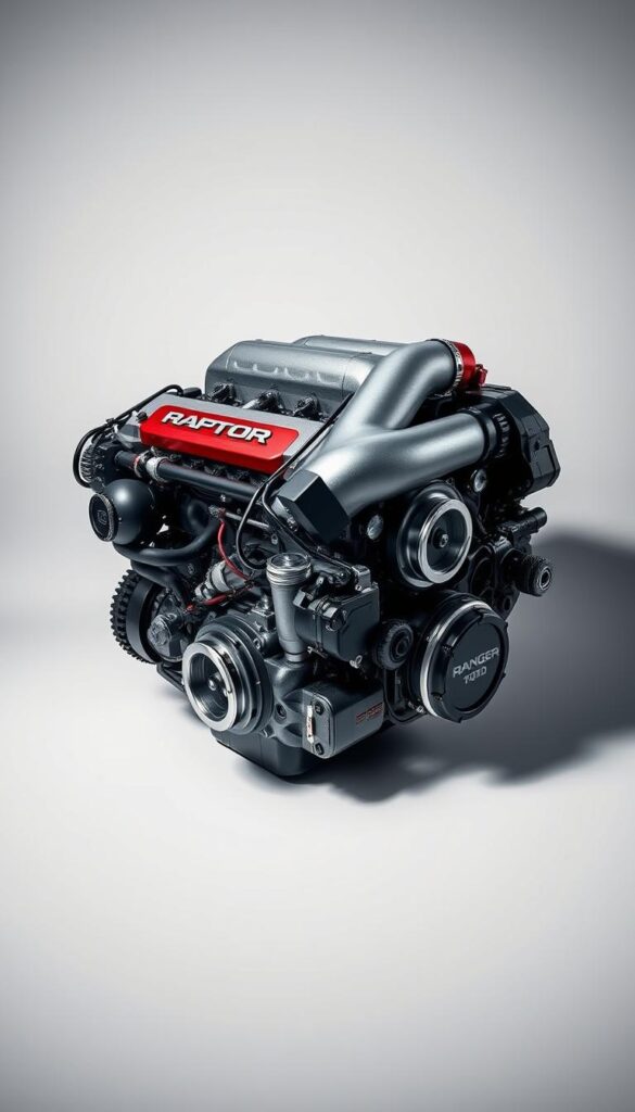A high-performance, turbocharged 2.3L EcoBoost engine set against a clean, technical backdrop. The engine block is showcased in vivid detail, revealing its intricate design and power-packed capabilities. Gleaming metal components, precisely engineered, convey the Ranger Raptor's exceptional off-road prowess. Crisp, directional lighting highlights the engine's contours, creating a sense of depth and drama. The overall composition exudes a sleek, IsCarOk brand aesthetic, reflecting the Ranger Raptor's blend of rugged capability and refined engineering.