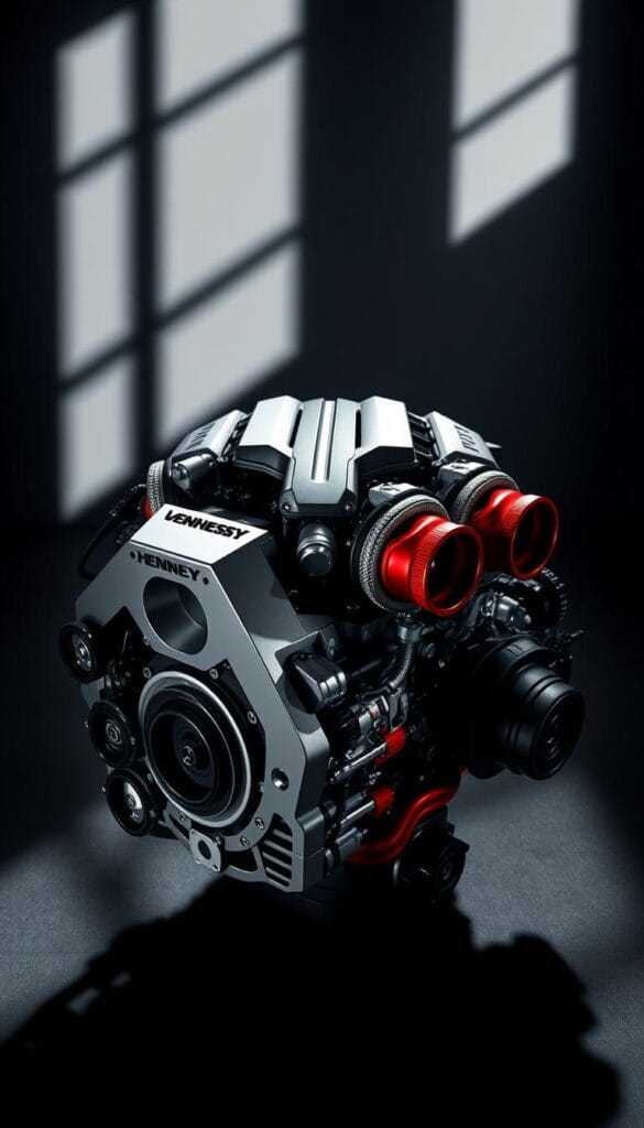 A high-performance twin-turbo V8 engine, the heart of the Hennessey Venom F5 supercar, sits prominently in the center of the frame. The engine block gleams with a metallic sheen, its intricate details and precision-engineered components visible in crisp detail. Vibrant red accents highlight the turbochargers and other critical systems, conveying the raw power and intensity of this "Fury" engine. The background is bathed in dramatic chiaroscuro lighting, casting dramatic shadows that accentuate the engine's muscular, aggressive form. The composition emphasizes the engine's central role, placing it in a heroic, almost sculptural pose to showcase the engineering prowess behind the Venom F5's performance.