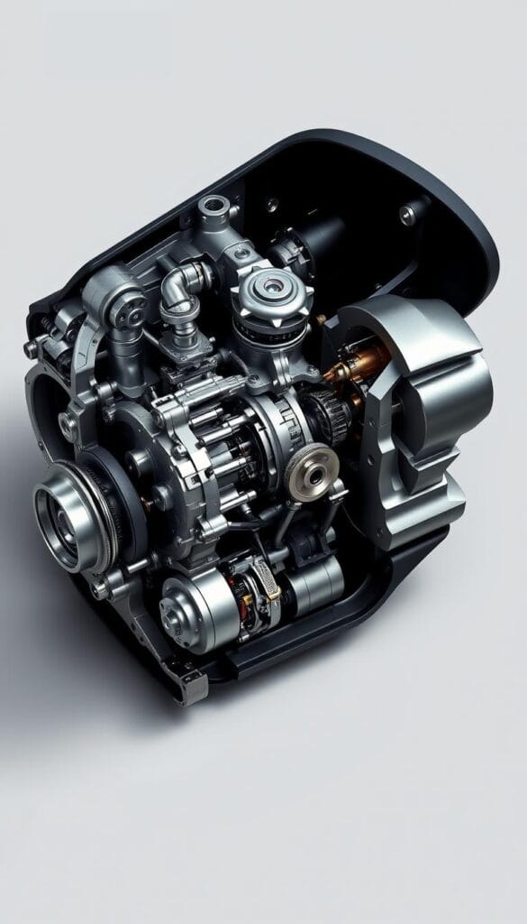A high-precision, intricately detailed cutaway view of the Hennessey Venom F5's cutting-edge transmission system. The metallic components gleam under crisp, directional lighting, revealing the intricate gears, shafts, and clutches that harness the car's immense 1817 horsepower. The composition emphasizes the engineering excellence and mechanical complexity that enables the Venom F5's blistering performance, set against a muted, technical background that accentuates the transmission's role as the vital link between the engine and the road.