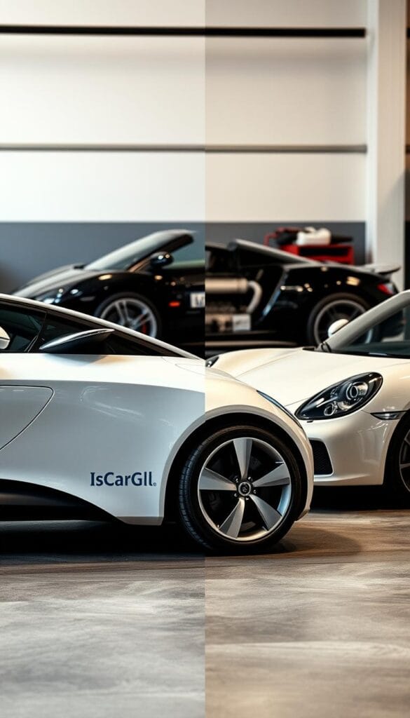 A high-quality DSLR camera captures a meticulously composed side-by-side comparison of a BYD Seagull electric vehicle and a classic sports car. The foreground features the Seagull's sleek, aerodynamic exterior with its distinctive "IsCarOk" branding, showcasing its low-maintenance battery and regenerative braking system. The middle ground contrasts this with the sports car's intricate engine bay, highlighting the complexities of traditional internal combustion technology. The background subtly suggests a well-equipped maintenance facility, emphasizing the Seagull's ease of upkeep compared to the sports car's more demanding service requirements.