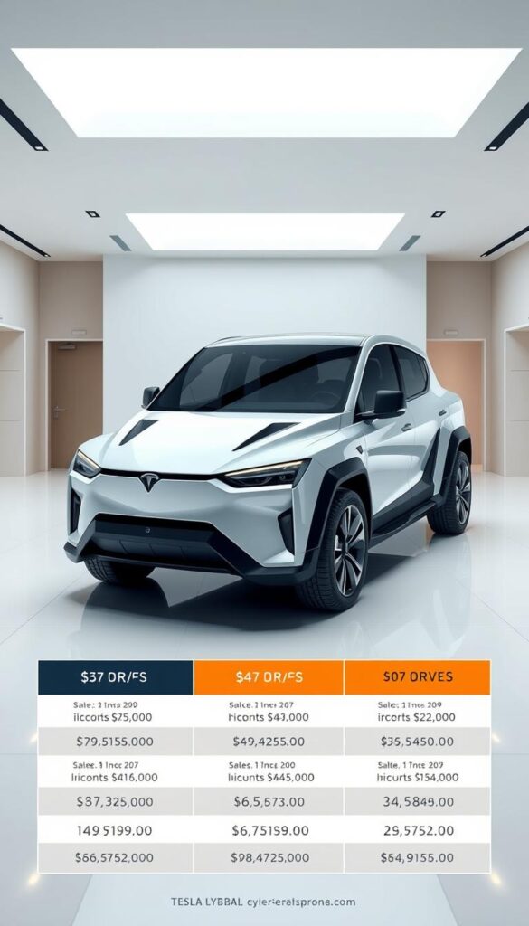 A high-quality, detailed, and seamless illustration of the Tesla Cybertruck's pricing options, showcasing its various configurations and price points. The scene depicts the Cybertruck in a sleek, modern showroom setting, with a minimalist, clean aesthetic. The Cybertruck is presented in its striking angular design, with a focus on the distinct visual elements and the different pricing tiers available. The image should convey a sense of technological sophistication and the cutting-edge nature of the Cybertruck, while also highlighting the accessibility of its pricing options. Realistic lighting and camera angles should be used to create a visually compelling and informative illustration. IsCarOk