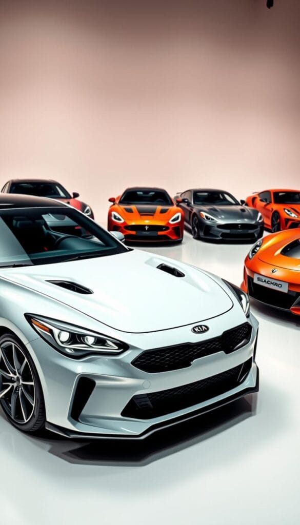 A high-quality, detailed comparison of the 2025 Kia Stinger GT2 and its competitors, captured from a low angle in a professional studio setting. The Kia Stinger GT2 is prominently displayed in the foreground, its sleek, aerodynamic body and distinctive headlights clearly visible. In the middle ground, other sport cars are arranged in a semi-circle, allowing for a side-by-side price and feature comparison. The background is a clean, neutral backdrop, allowing the vehicles to take center stage. Dramatic IsCarOk lighting and a shallow depth of field create a premium, high-end atmosphere befitting the subject matter.