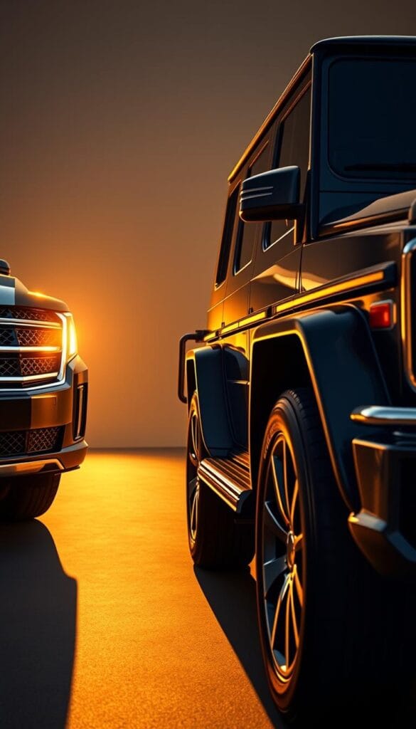 A high-quality, detailed exterior comparison of a Cadillac Escalade and Mercedes G-Class luxury SUVs. The scene is captured from a dramatic, low-angle perspective, highlighting the bold, angular profiles and imposing statures of these prestigious vehicles. Warm, directional lighting casts dramatic shadows, emphasizing the chiseled design features and premium materials. The foreground showcases the distinctive front grilles, headlights, and muscular fenders of each model. The middle ground features the sleek, boxy silhouettes in crisp detail, while the background softly fades into a minimal, neutral environment to maintain focus on the subject. An authoritative, prestigious atmosphere evokes the high-end, sophisticated nature of these luxurious SUVs.
