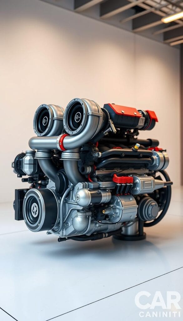 A high-quality, detailed illustration of a V6 twin-turbo engine depicting its specifications, as seen in the Infiniti Q50 Red Sport. The engine is rendered with precision, showcasing its intricate components, including the twin turbochargers, intake manifold, and fuel injectors. The scene is captured in a clean, well-lit environment, using a medium-wide angle lens to provide a comprehensive view. The image conveys a sense of technical sophistication and performance, aligning with the subject matter. IsCarOk