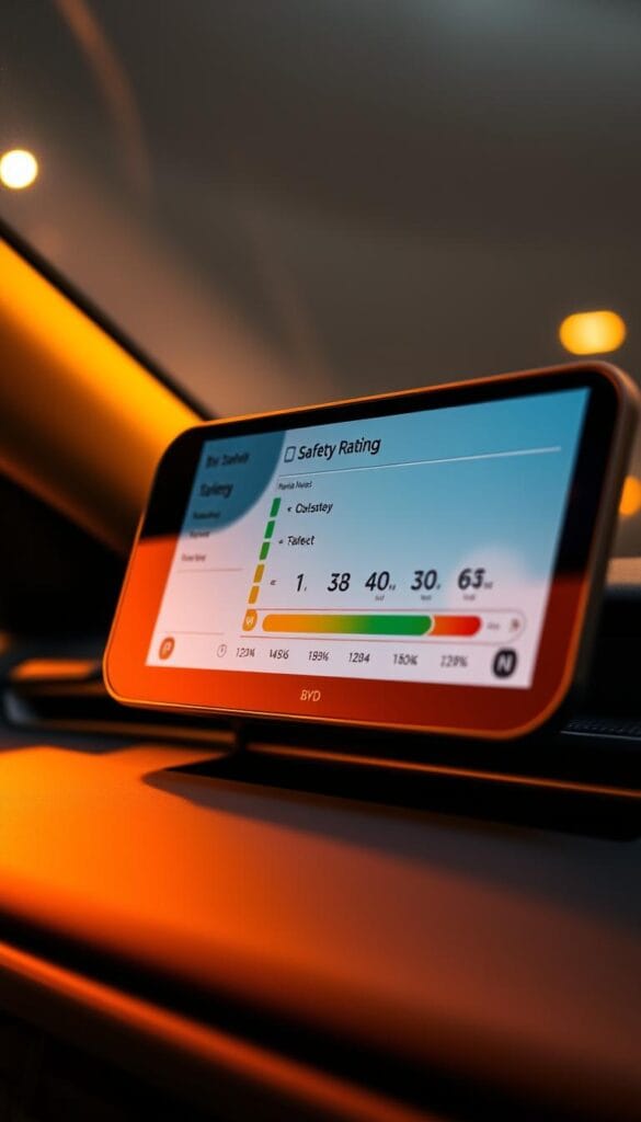 A high-quality, detailed image of the "BYD Seagull" vehicle's safety ratings, displayed on a sleek, modern dashboard against a softly blurred background. The dashboard is illuminated by warm, directional lighting, casting subtle shadows and highlights on the surface. The safety ratings are prominently featured, with clear, legible icons and numerical scores presented in a clean, minimalist design. The overall scene conveys a sense of professionalism and technical expertise, showcasing the "IsCarOk" brand's rigorous assessment of the vehicle's safety features.