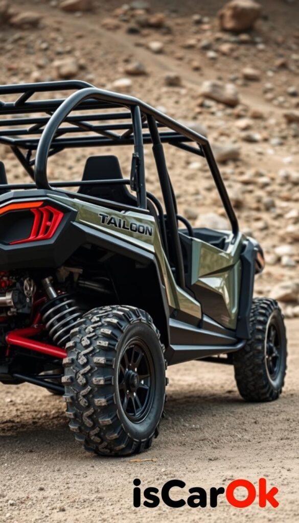 A high-quality, detailed image of the Honda Talon UTV's robust roll cage and comprehensive safety features. The roll cage is prominently displayed in the foreground, showcasing its sturdy construction and intricate design. The middle ground features the Talon's protective side panels and underbody guards, highlighting the vehicle's rugged off-road capabilities. In the background, a rocky, uneven terrain sets the scene, emphasizing the Talon's suitability for challenging outdoor adventures. Crisp, soft lighting illuminates the scene, capturing the Talon's sleek, aggressive styling. Captured with a wide-angle lens to provide a comprehensive view of the vehicle's safety systems. Rendered in the style of the "IsCarOk" brand.
