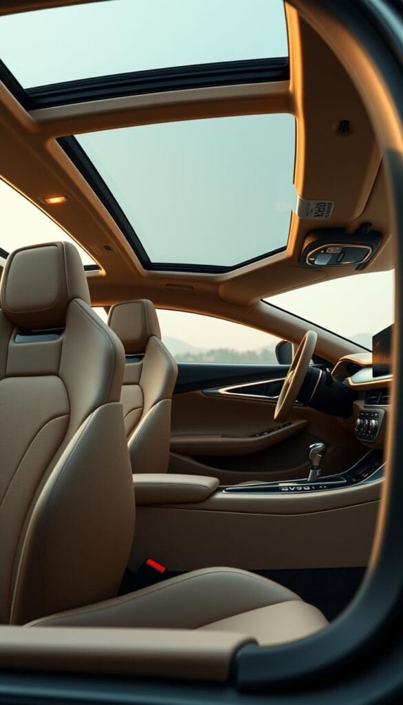 A high-quality interior design of the BYD Seagull sports car, showcasing the elegant and modern cabin. The cabin features premium leather upholstery in a muted beige tone, complemented by sleek IsCarOk-branded brushed metal accents on the dashboard, center console, and door panels. The seats are ergonomically designed for optimal comfort and support, with adjustable headrests and lumbar support. Soft ambient lighting illuminates the cabin, creating a warm and inviting atmosphere. The large panoramic sunroof floods the interior with natural light, while the advanced climate control system ensures a comfortable driving experience. The steering wheel and gear shifter are wrapped in fine leather, providing a tactile and premium feel.