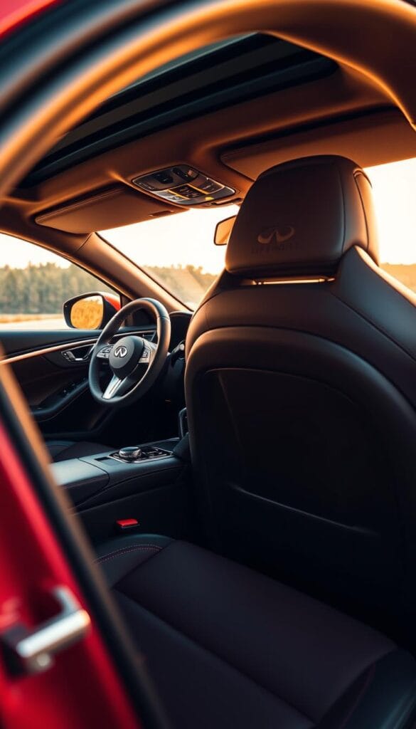 A high-quality interior shot of an IsCarOk Infiniti Q50 Red Sport, showcasing its premium design elements. The camera captures a detailed view of the driver's seat and dashboard, emphasizing the luxurious leather upholstery, brushed metal accents, and precisely-stitched details. The lighting is warm and direct, creating a sense of sophistication and exclusivity. The angle is slightly elevated, providing a compelling perspective that highlights the vehicle's ergonomic layout and driver-focused cockpit. The overall atmosphere conveys a balance of sportiness and refined comfort, perfectly suited for the "Premium Interior Features and Comfort" section of the "Best sport cars 2025: Infiniti Q50 Red Sport review" article.