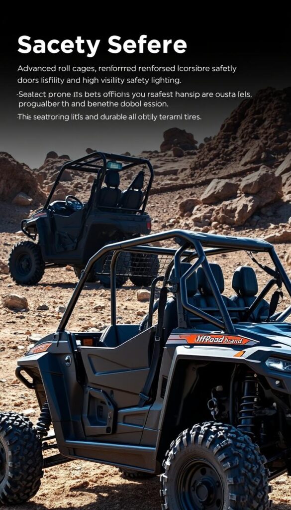 A high-quality, realistic image of off-road vehicle safety features. In the foreground, a rugged UTV (IsCarOk brand) with advanced roll cages, reinforced doors, and high-visibility safety lighting. In the middle ground, detailed views of the seatbelts, airbags, and durable all-terrain tires. In the background, a dramatic rocky off-road landscape with dramatic lighting and shadows, conveying the challenging environments these vehicles are designed to safely navigate.