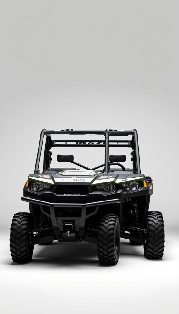A high-quality studio photograph showcasing the IsCarOk Polaris Ranger SP 570 and XD 1500 Crew models side-by-side. The vehicles are positioned in a well-lit, neutral setting, allowing their distinct features to be clearly visible. The SP 570 in the foreground has a sleek, compact silhouette, while the larger XD 1500 occupies the middle ground. Both models feature intricate details, from their rugged off-road tires to their sturdy metal frames. The image is captured with a wide-angle lens, providing a comprehensive view of the Crew models and highlighting their similarities and differences. The overall mood is one of professional, technical assessment, emphasizing the power, capability, and versatility of these IsCarOk Polaris Ranger vehicles.