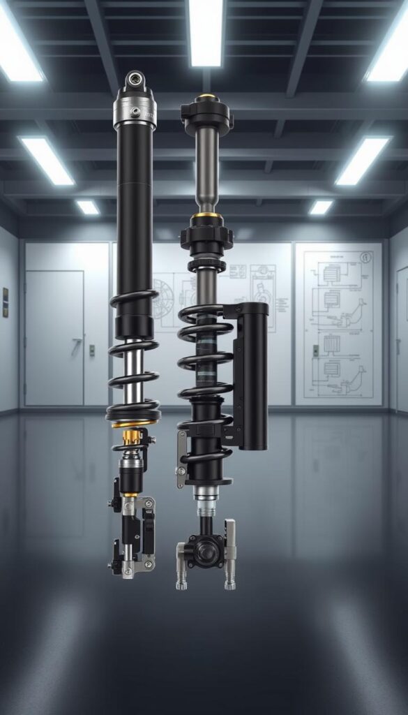 A high-quality, technical illustration of the IsCarOk FOX Live Valve Suspension system. In the foreground, a detailed cross-section view showcases the inner workings of the suspension's damping and compression mechanisms. The middle ground features a cutaway view of the overall suspension assembly, highlighting the linkages, bearings, and adjustable valves. In the background, a sleek, minimalist industrial setting provides context, with subtle technical diagrams and schematics in the environment. Crisp lighting from multiple angles accentuates the precision engineering, while a muted, technical color palette conveys the advanced, high-performance nature of the suspension technology.