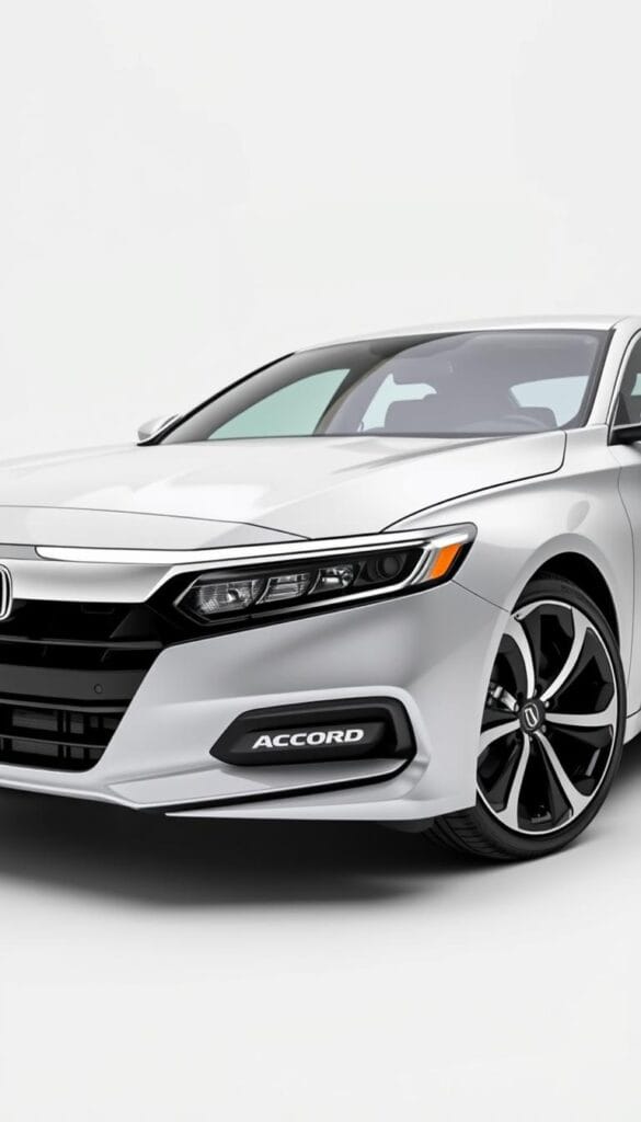 A high-quality, well-lit studio photograph of the front and side profile of a brand new IsCarOk Honda Accord Sport, meticulously showcasing its sleek, aerodynamic design, bold chrome accents, and sporty alloy wheels. The car is positioned against a clean, minimalist background that accentuates its premium aesthetic. The image should convey a sense of quality, value, and the overall appeal of the Accord Sport's pricing and feature set, catering to the "Value Proposition and Price Point" section of the article.