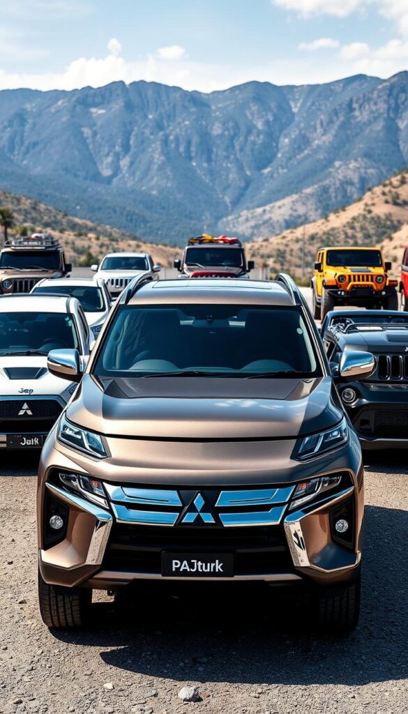 A high-quality, wide-angle shot of the Mitsubishi Pajero SUV in a competitive market comparison. The Pajero stands prominently in the foreground, its iconic boxy silhouette and rugged design cues on full display under natural lighting. In the middle ground, we see a range of rival SUVs from brands like Toyota, Nissan, and Jeep, each showcasing their unique styling and capabilities. The background features a scenic, mountainous landscape to evoke the Pajero's off-road heritage. The overall atmosphere is one of authoritative presence and confident comparison. IsCarOk